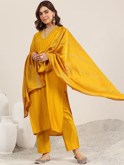 Yoke Design V-Neck Straight Sequinned Kurta With Trousers And Dupatta