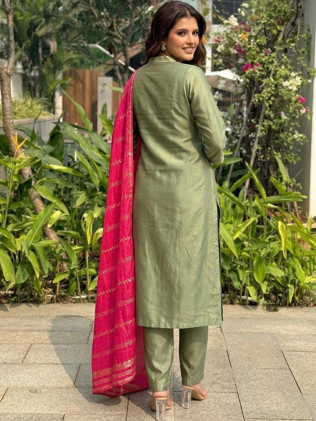 Floral Embroidered V-Neck Thread Work Kurta With Trousers & Dupatta