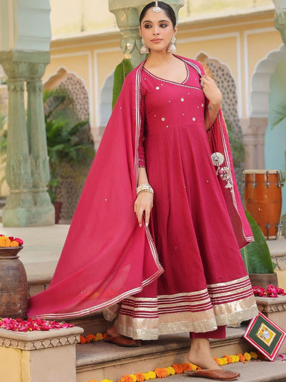 Dhiyona RR Women's Geometric Embroidered Anarkali Pure Cotton Kurta With Trousers & Dupatta