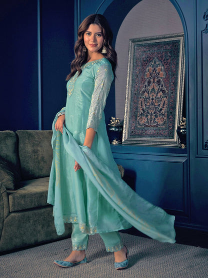 Dhiyona CH Floral Embroidered Pleated Sequinned Kurta With Trousers & Dupatta