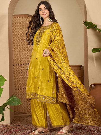 Zari Sequence Thread Embroidered Kurta With Trousers & Dupatta