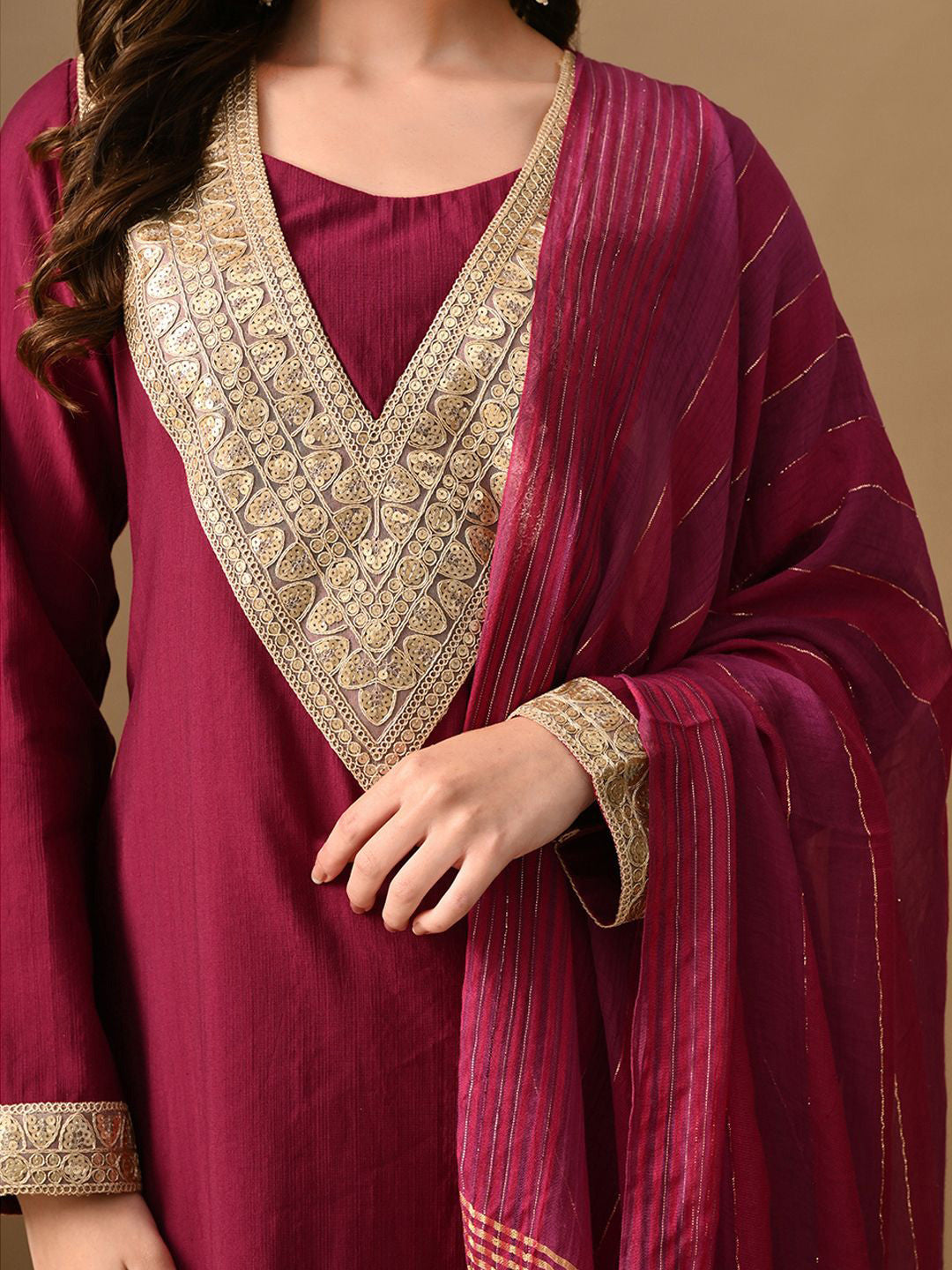 Embroidered Round Neck Long Sleeves Kurta & Trousers With Dupatta