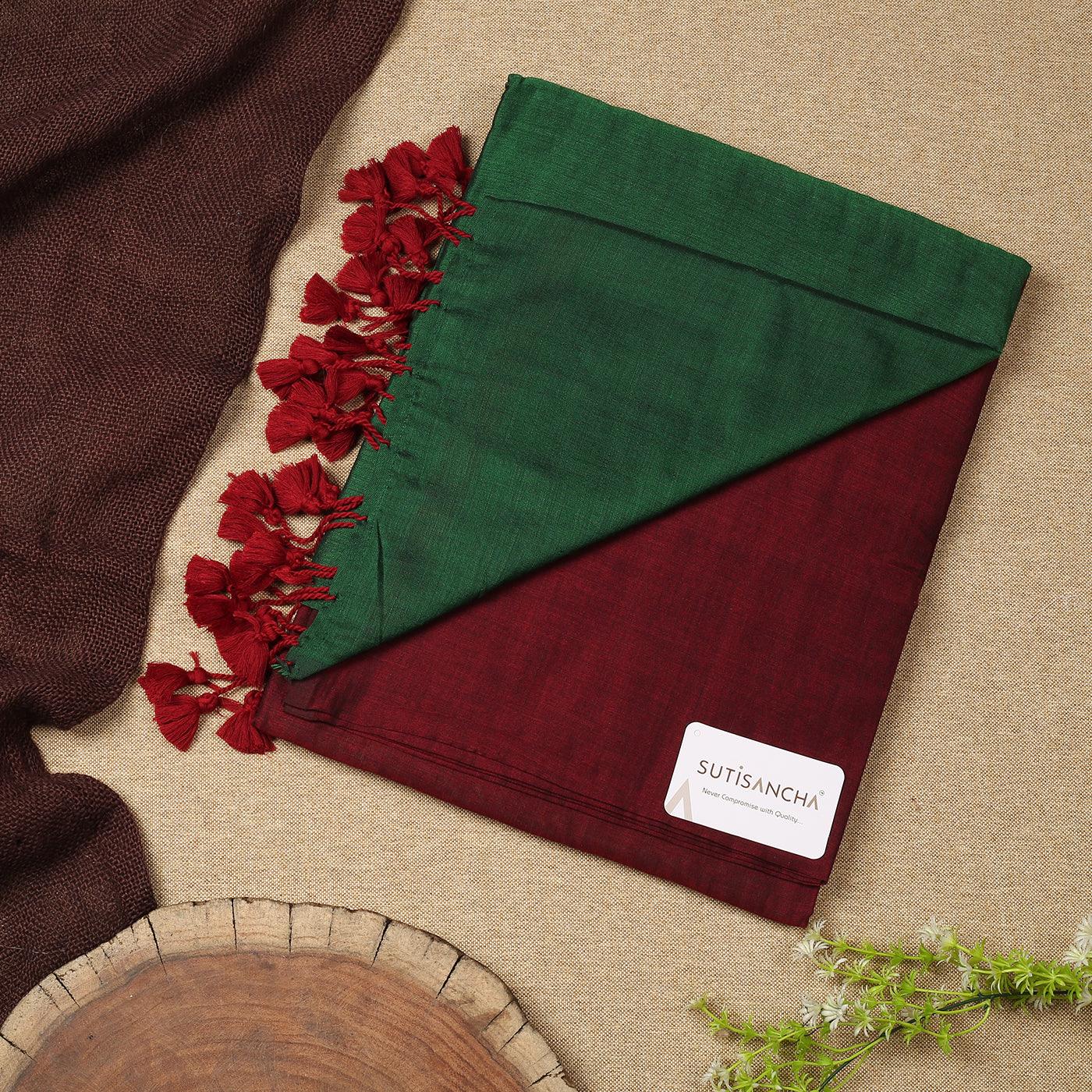 Dhiyona SS Sutisancha Green & Maroon Handwoven Handloom Cotton Saree