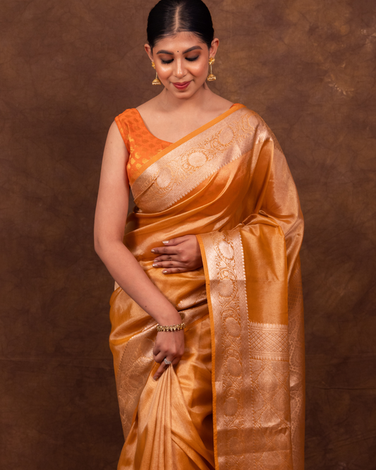 Dhiyona HH Gold Ochre Banarasi Authentic Soft Tissue Silk Saree with Rich Pallu Woven Design