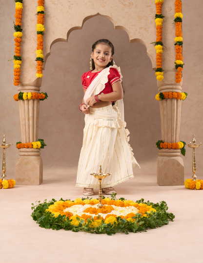 Onam Girls Stylish Off White Lehenga with Red Choli and Dupatta Set