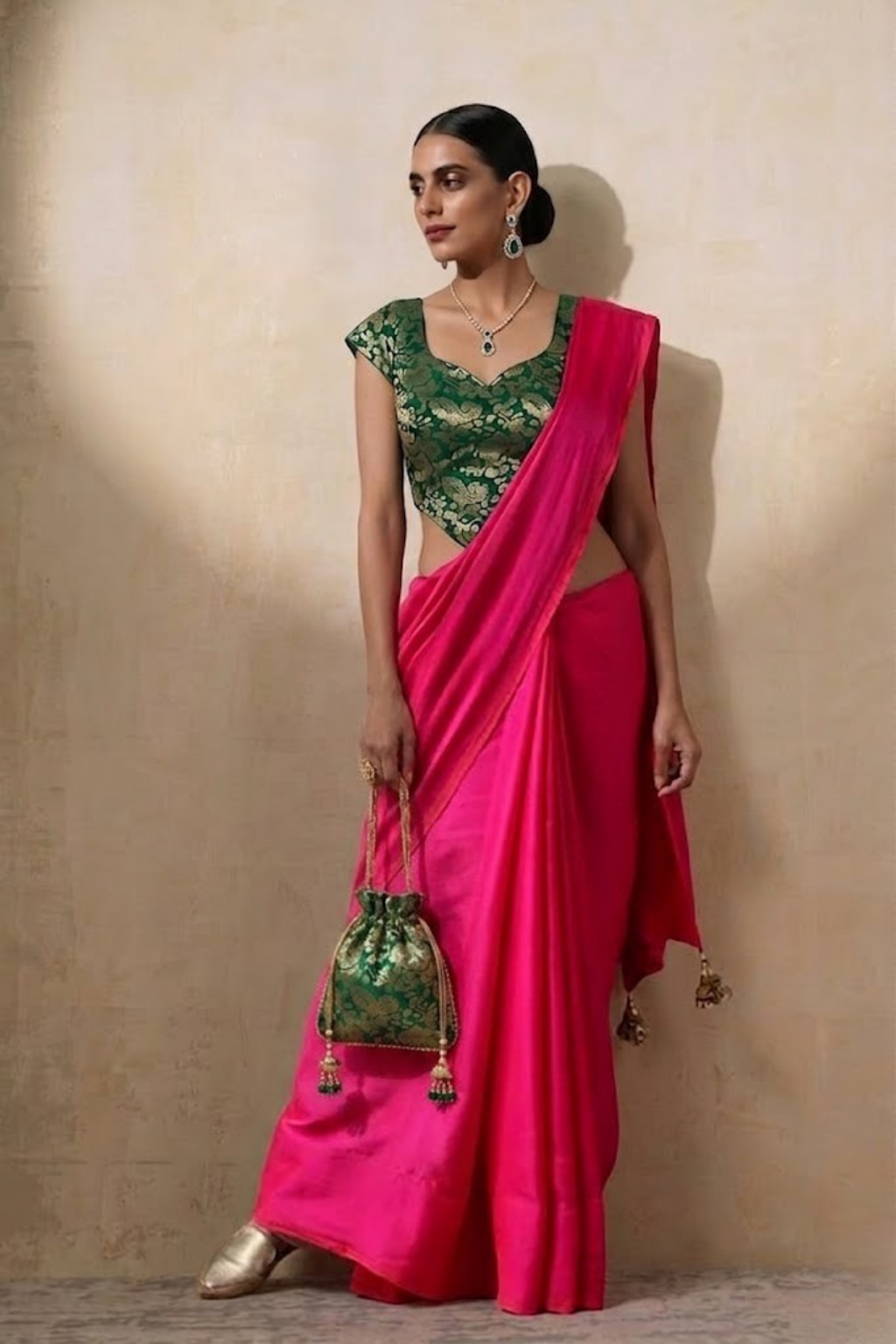 Dhiyona ST With Stitched Blouse - Green Brocade Blouse with Fuchsia Pink Dual Tone  Satin Saree (Blouse has sleeve attached)