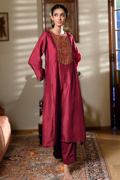 Women's Maroon Raw Silk Co-ord Set