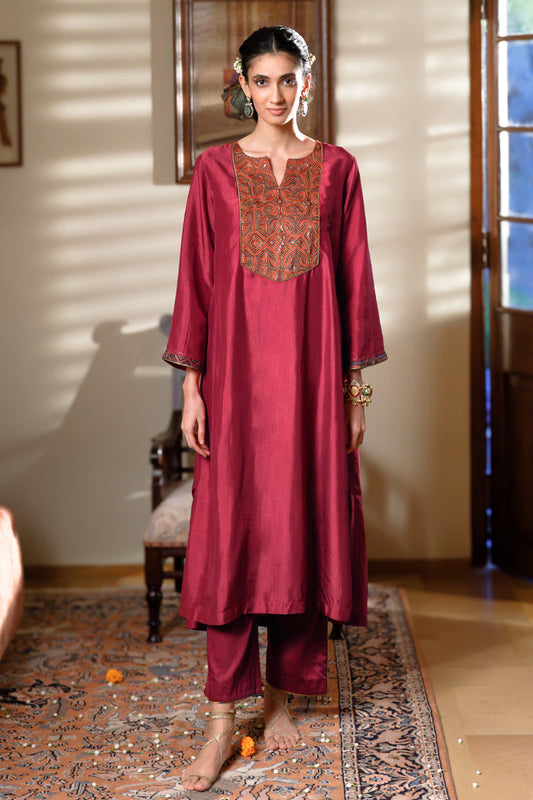 Women's Maroon Raw Silk Co-ord Set