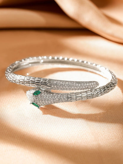 Dhiyona RJ Women's Rhodium-Plated Cubic Zirconia Snake-Inspired Openable Bracelet with Emerald Accents