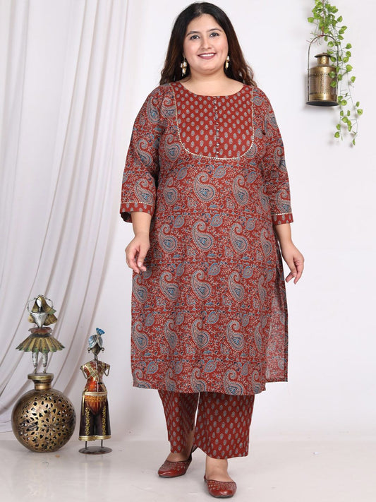 Dhiyona KL Plus Size Paisley Printed Pure Cotton Kurta with Trousers & Dupatta