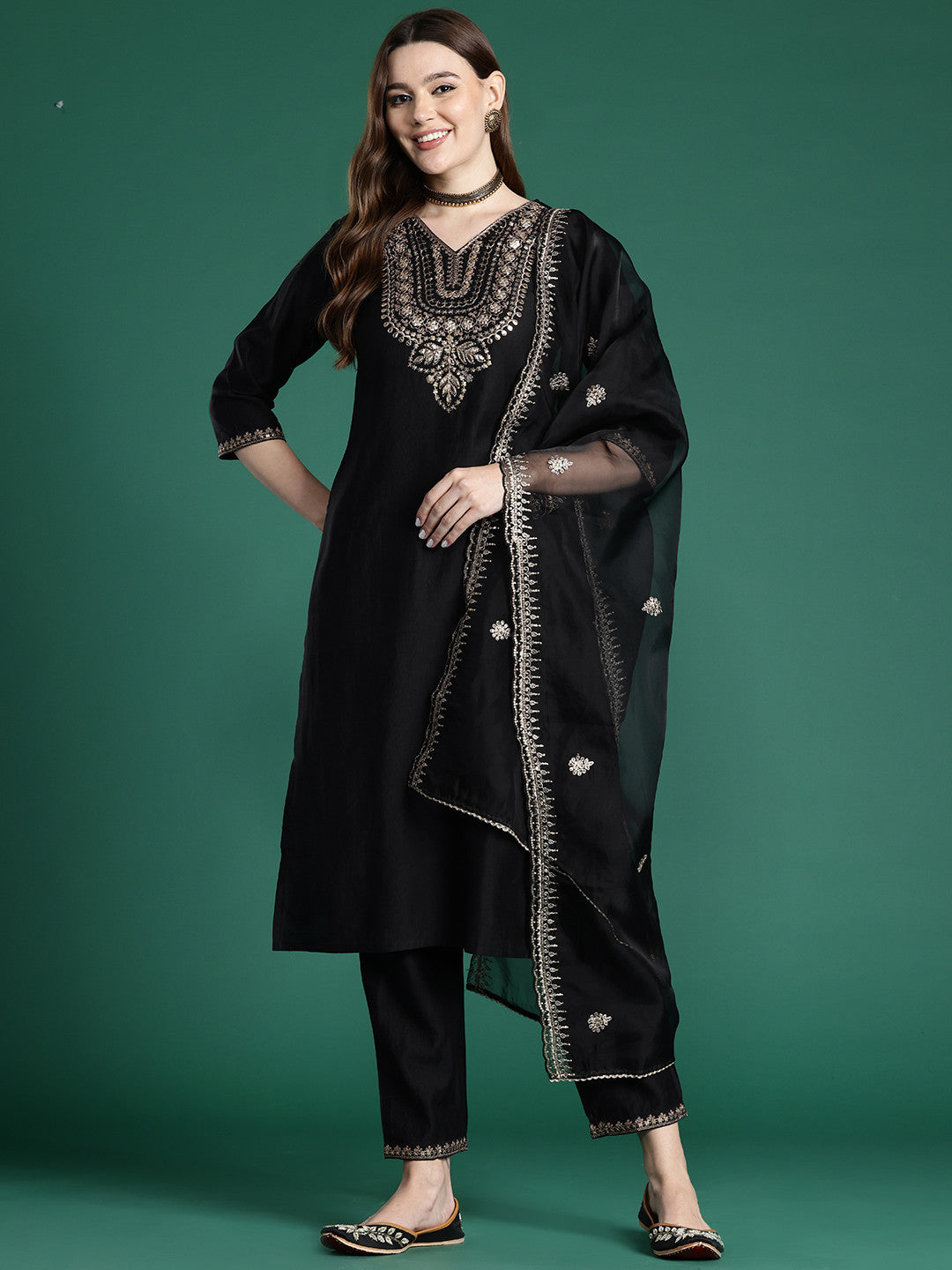 Ethnic Motifs Embroidered Liva Kurta with Trousers & With Dupatta
