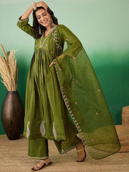 Dhiyona SN Women's Olive Green Zari Sequence Embroidered A-Line Kurta With Palazzos & Dupatta
