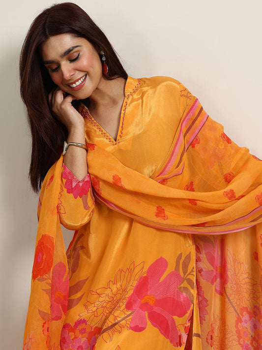 Floral Printed Beads and Stones Work V Neck Straight Kurta With Trousers And Dupatta