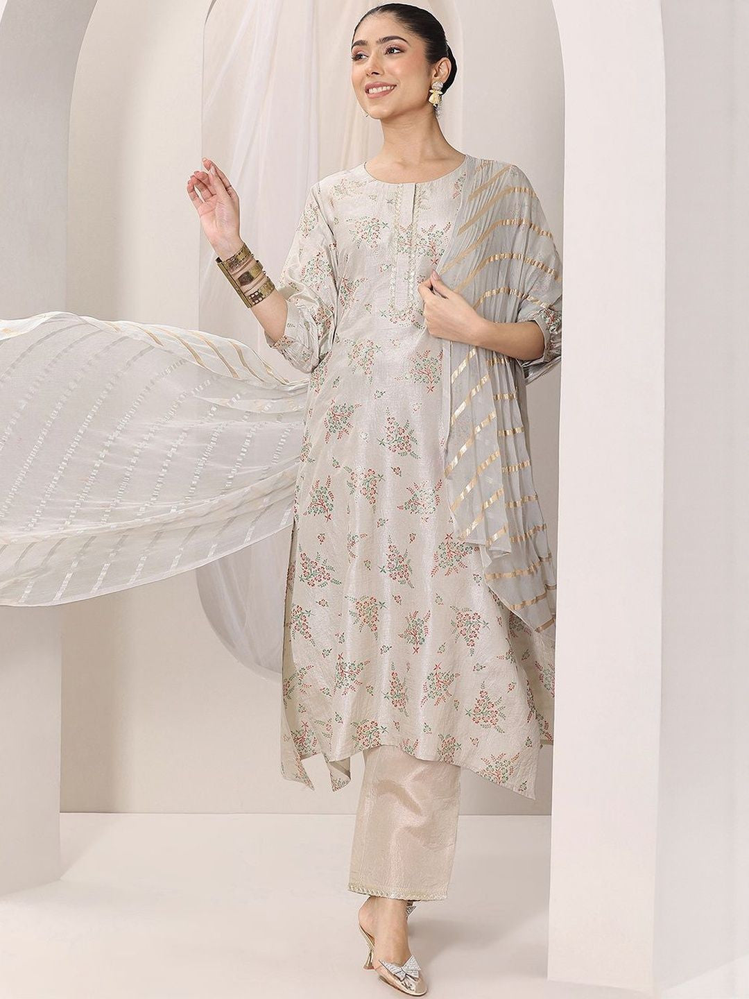 Floral Printed Anarkali Thread Work Kurta With Trousers & Dupatta