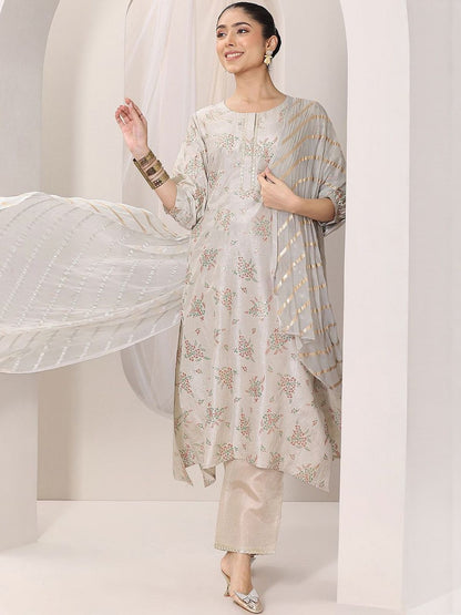 Floral Printed Anarkali Thread Work Kurta With Trousers & Dupatta