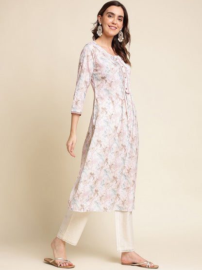 Dhiyona IS Women's Floral Printed Linen Kurta with Trousers & With Dupatta