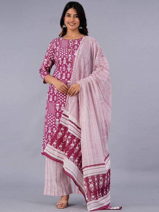 Dhiyona KL Ethnic Motifs Printed Pure Cotton Kurta With Palazzo & With Dupatta