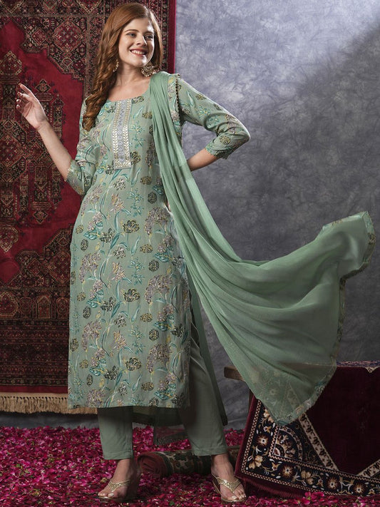 Dhiyona KL Floral Printed Zari Kurta with Trousers & Dupatta
