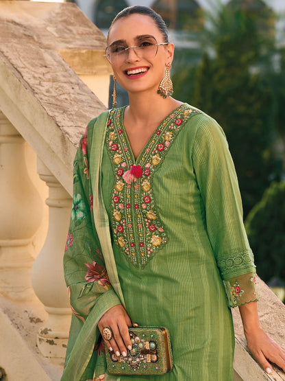 Dhiyona IE Floral Embroidered Thread Work Pure Cotton Kurta with Trousers & With Dupatta