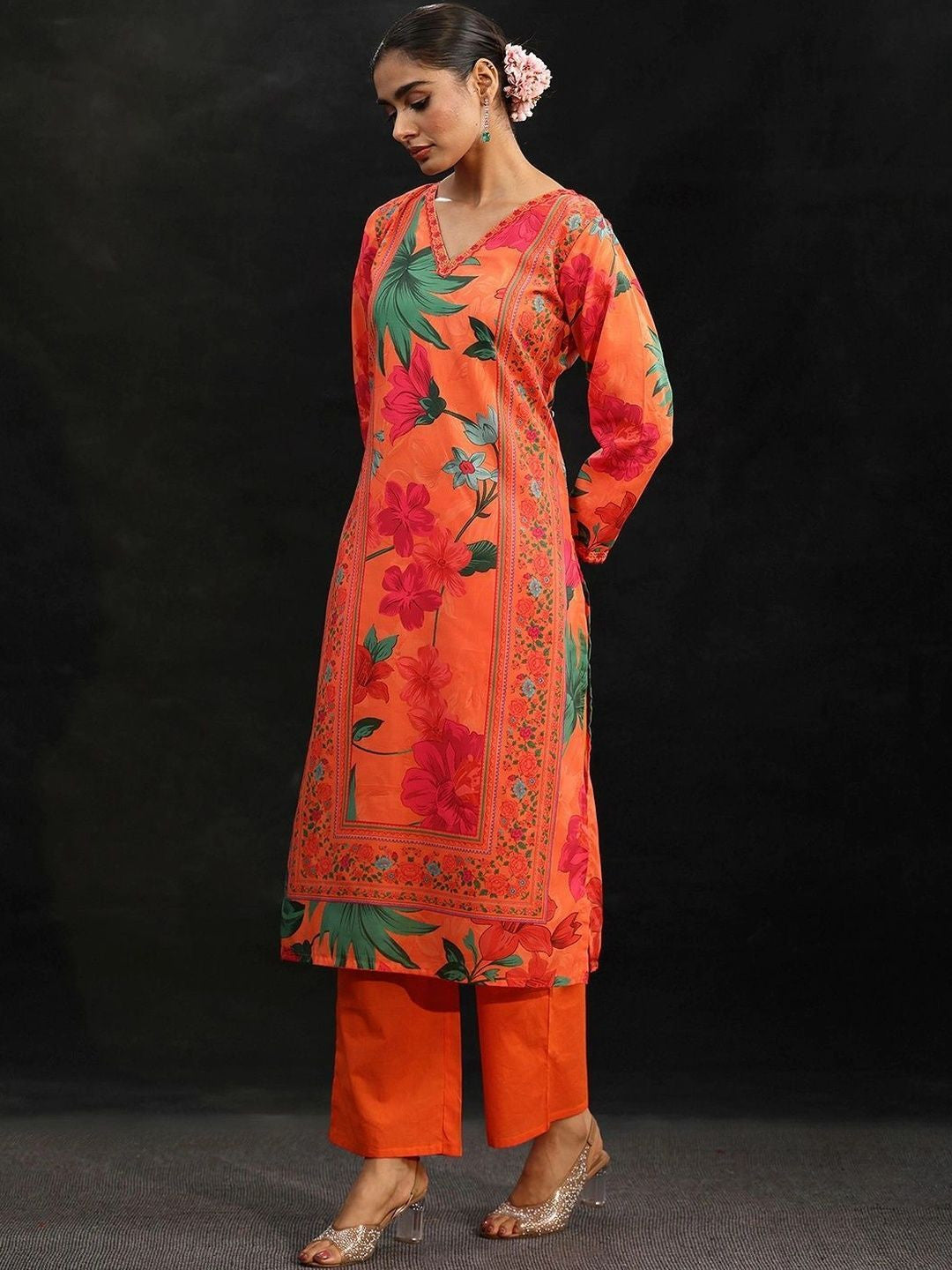 Orange Floral Printed Cotton Blend Straight Suit Set
