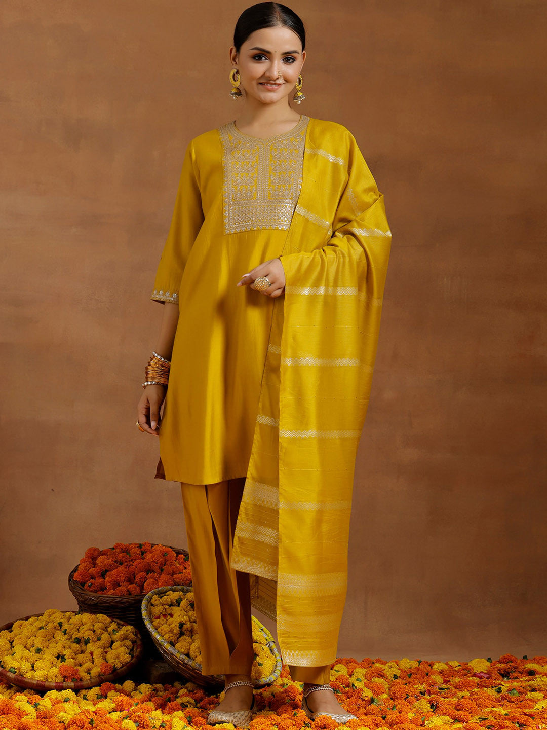 Floral Yoke Design Sequinned Straight Kurta With Salwar & Dupatta