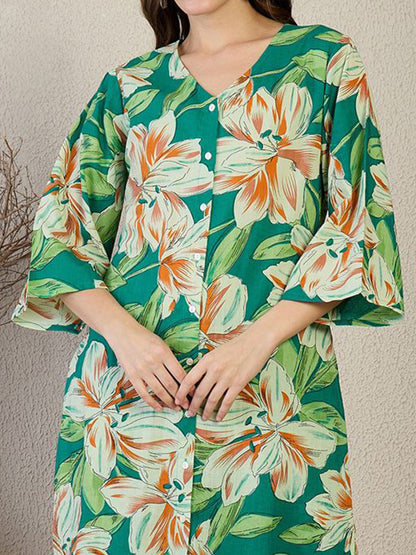 Floral Printed V-Neck Pure Cotton Straight Kurta With Trousers