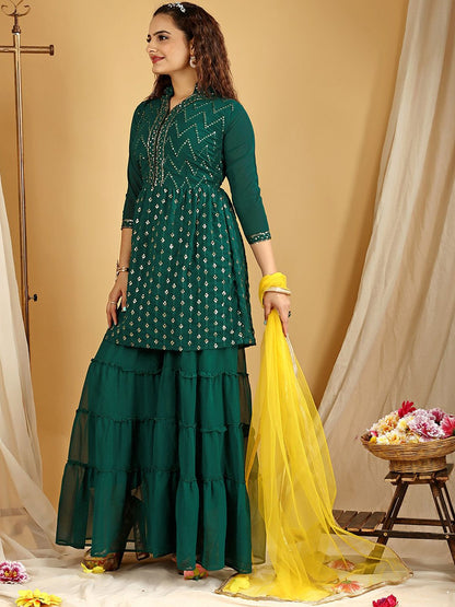 Dhiyona KL Floral Embroidered Regular Kurti with Sharara & Dupatta