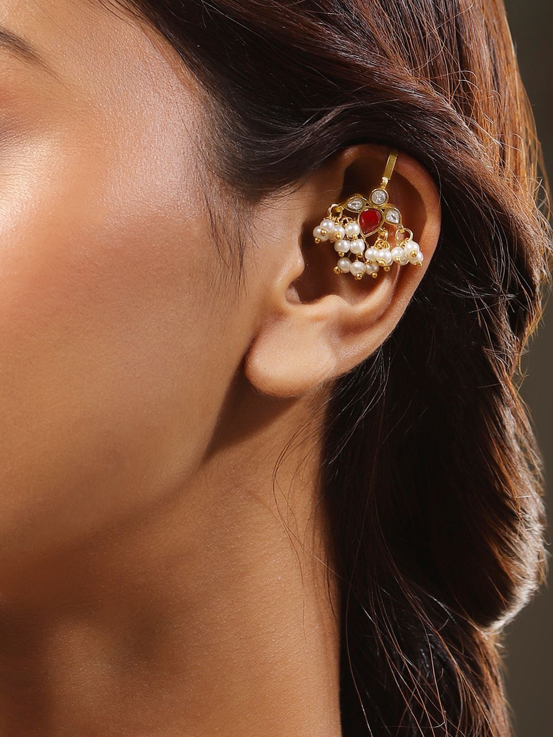 Dhiyona RJ Women's 22K Gold-Plated Ruby Pink & White Kundan Handcrafted Ear Cuff with Pearl Beads