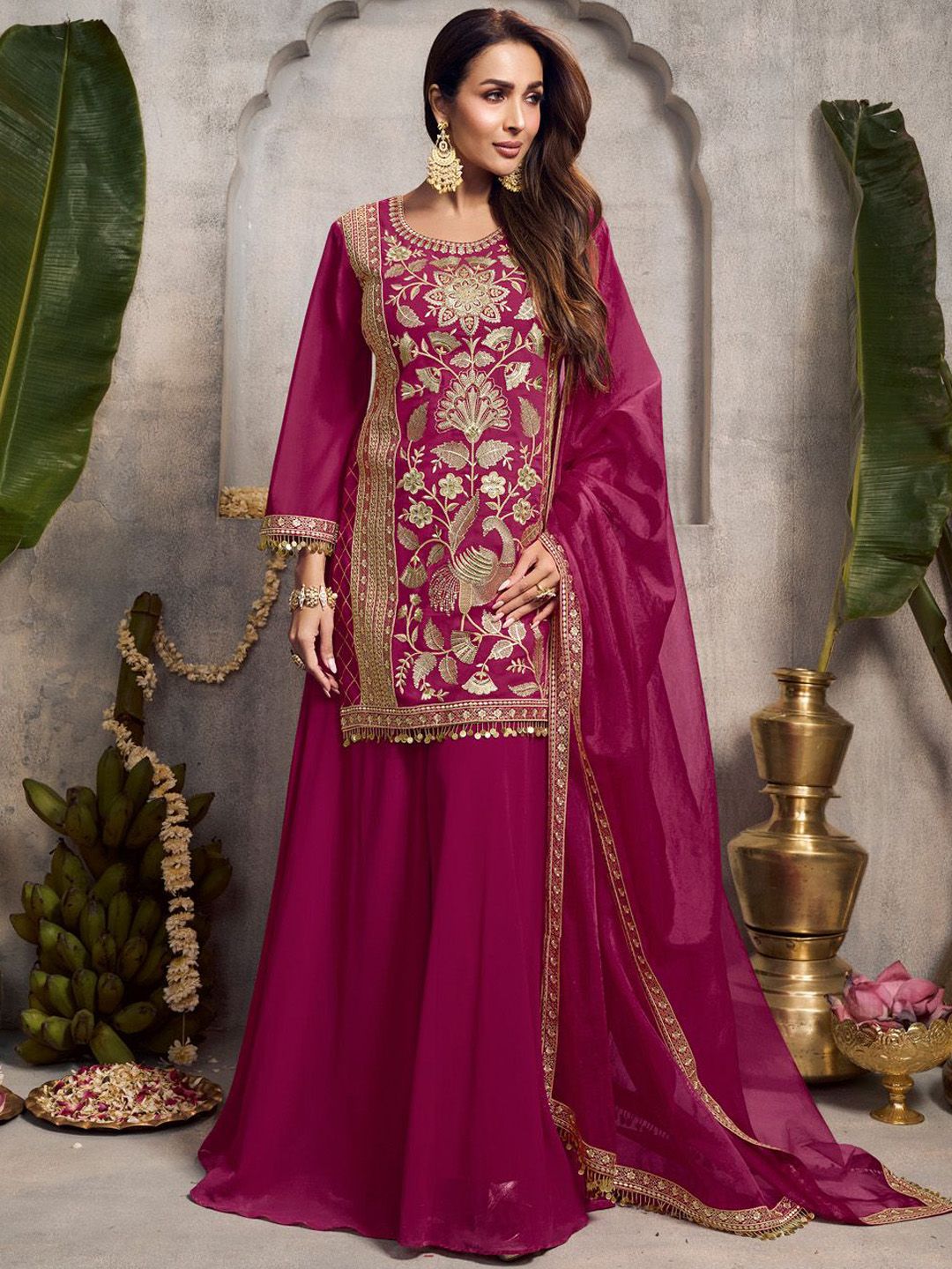 Dhiyona IN Floral Embroidered Sequinned Kurta With Palazzos & Dupatta