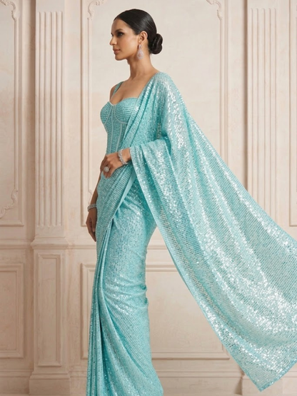 Dhiyona ST Havana Dreams Blue Knitted Sequin Saree with Blouse Fabric