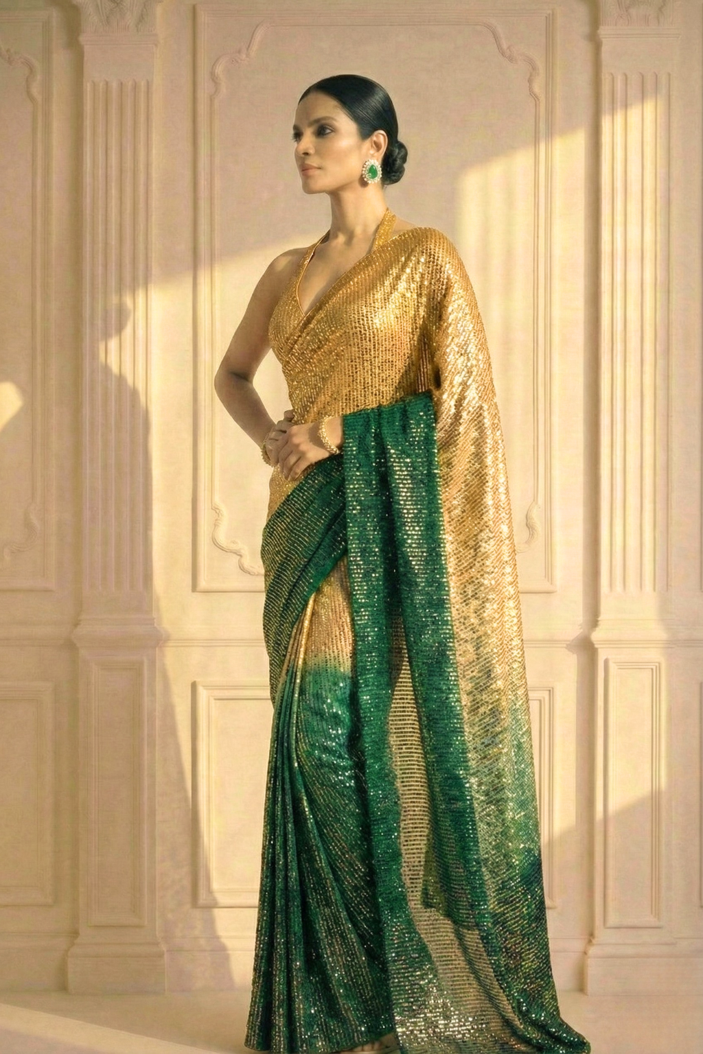 Dhiyona ST Green and Cream Ombre' Knitted Sequin Saree with Blouse Fabric