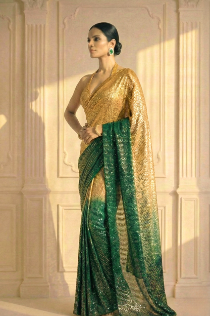 Dhiyona ST Green and Cream Ombre' Knitted Sequin Saree with Blouse Fabric