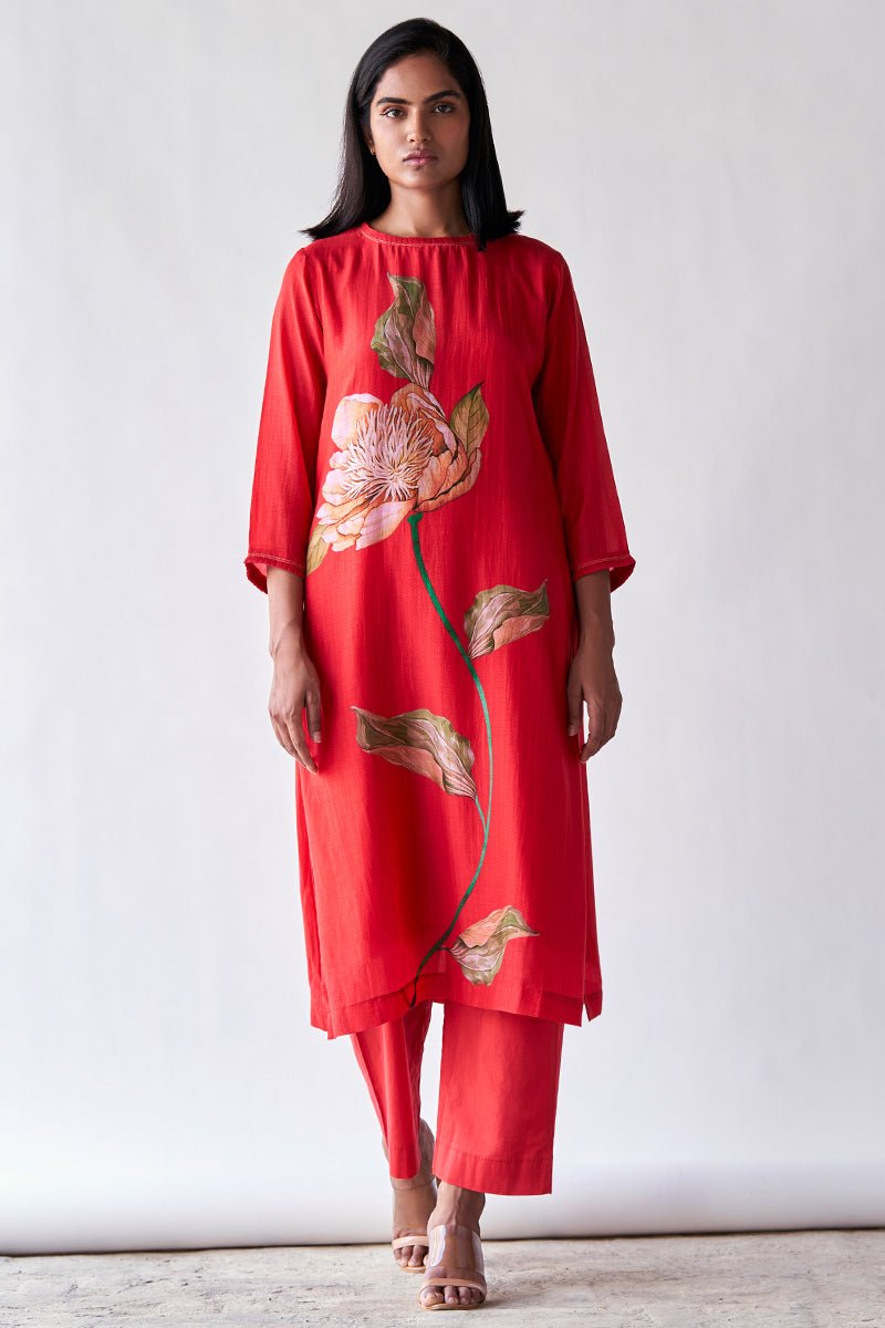 Women's Red Bemberg Silk Co-ord Set