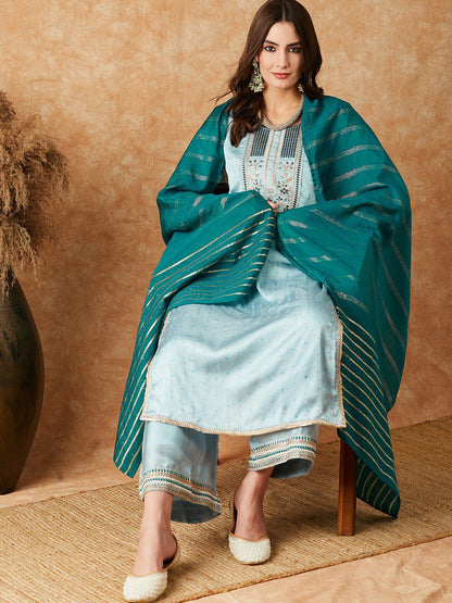 Dhiyona SN Embroidered Straight Kurta With Palazzo & Dupatta