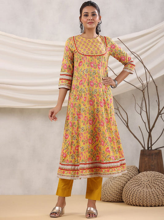 Dhiyona RR Women's Floral Printed Sequined Anarkali Pure Cotton Kurta with Trousers & Dupatta