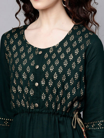 Dhiyona IS Women's Women Green Ethnic Motifs Yoke Design Kurta with Trousers