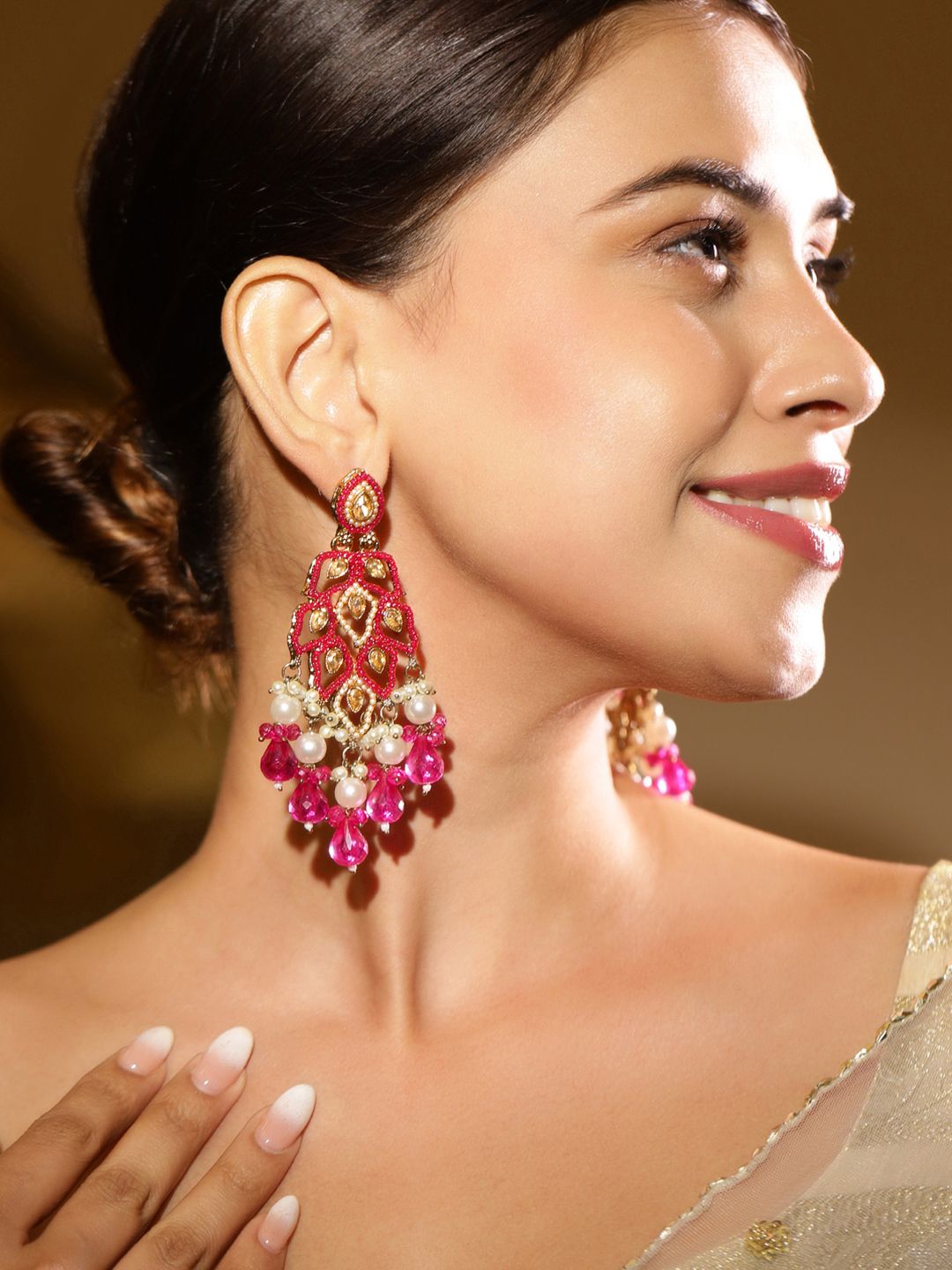 Dhiyona RJ Women's 22K Gold Plated Pink Stone & Kundan Studded Chandelier with Pearl & Bead Accents