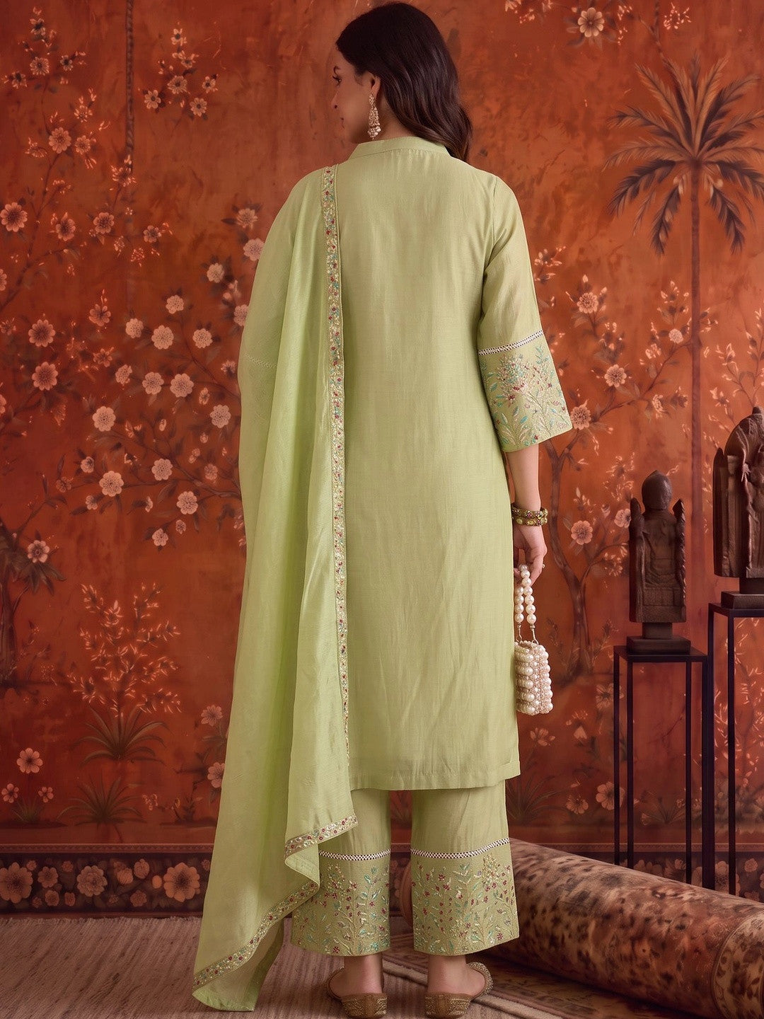 Embroidered Mandarin Collar Kurta & Trousers With Dupatta