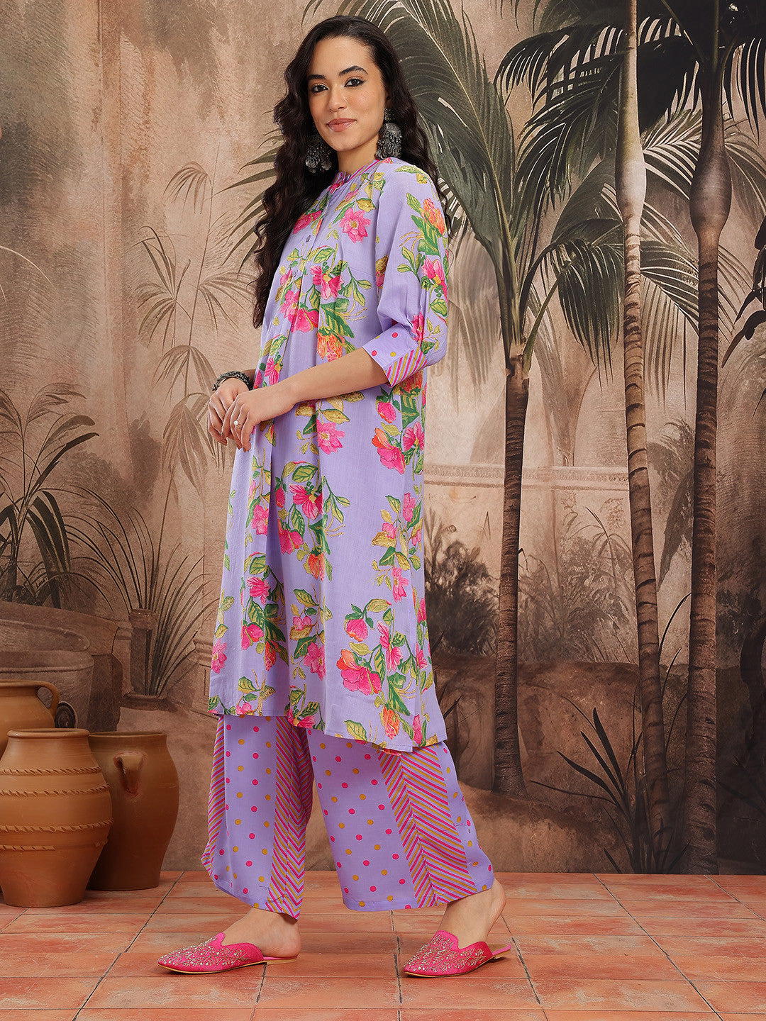 Floral Printed Band Collar A-Line Kurta with Palazzos