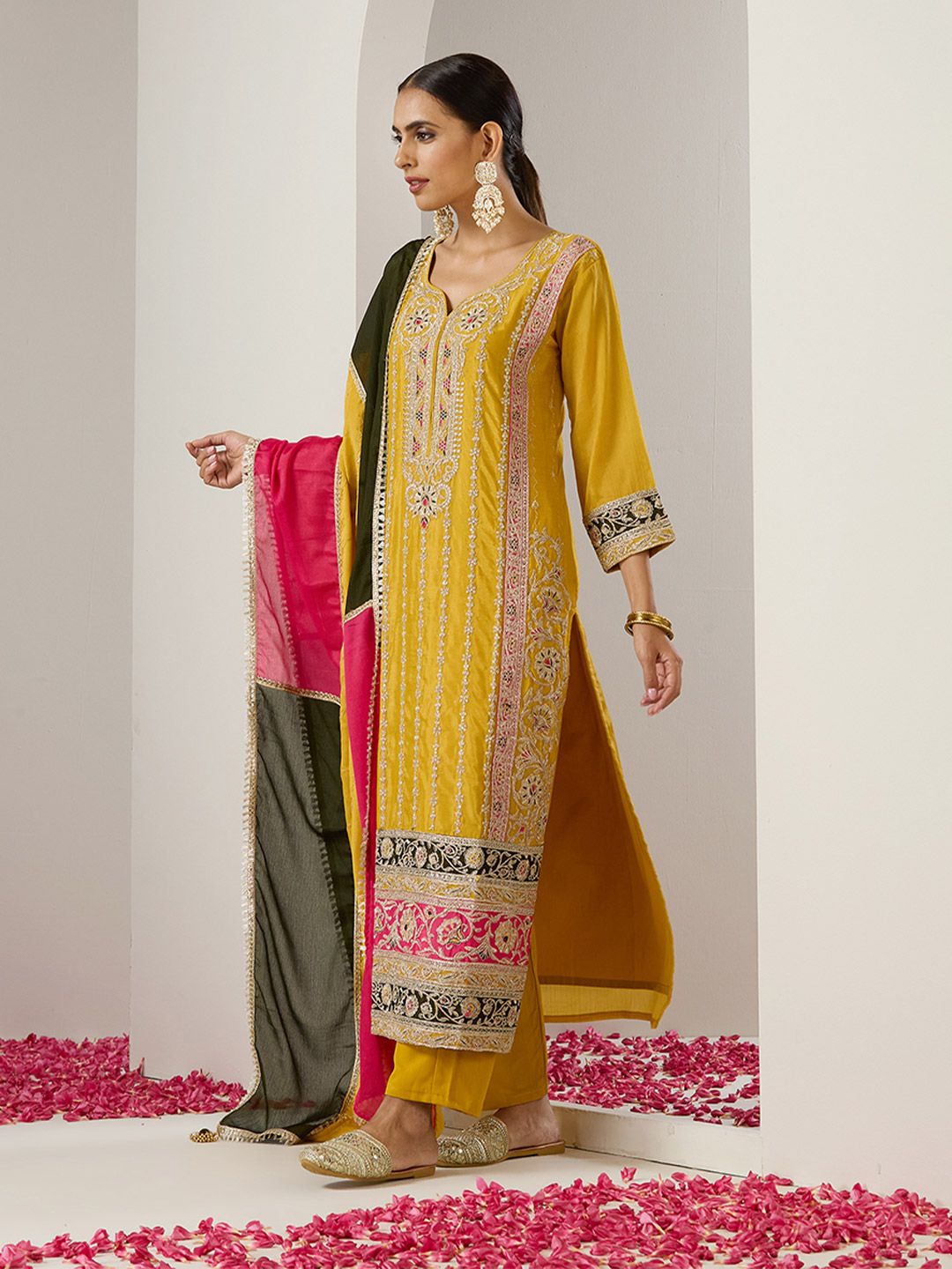 Dhiyona IS Women's Ethnic Motifs Embroidered Regular Gotta Patti Straight Kurta with Trousers & Dupatta