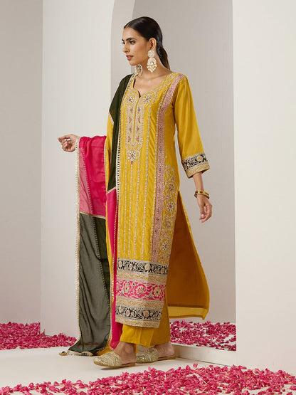 Dhiyona IS Women's Ethnic Motifs Embroidered Regular Gotta Patti Straight Kurta with Trousers & Dupatta