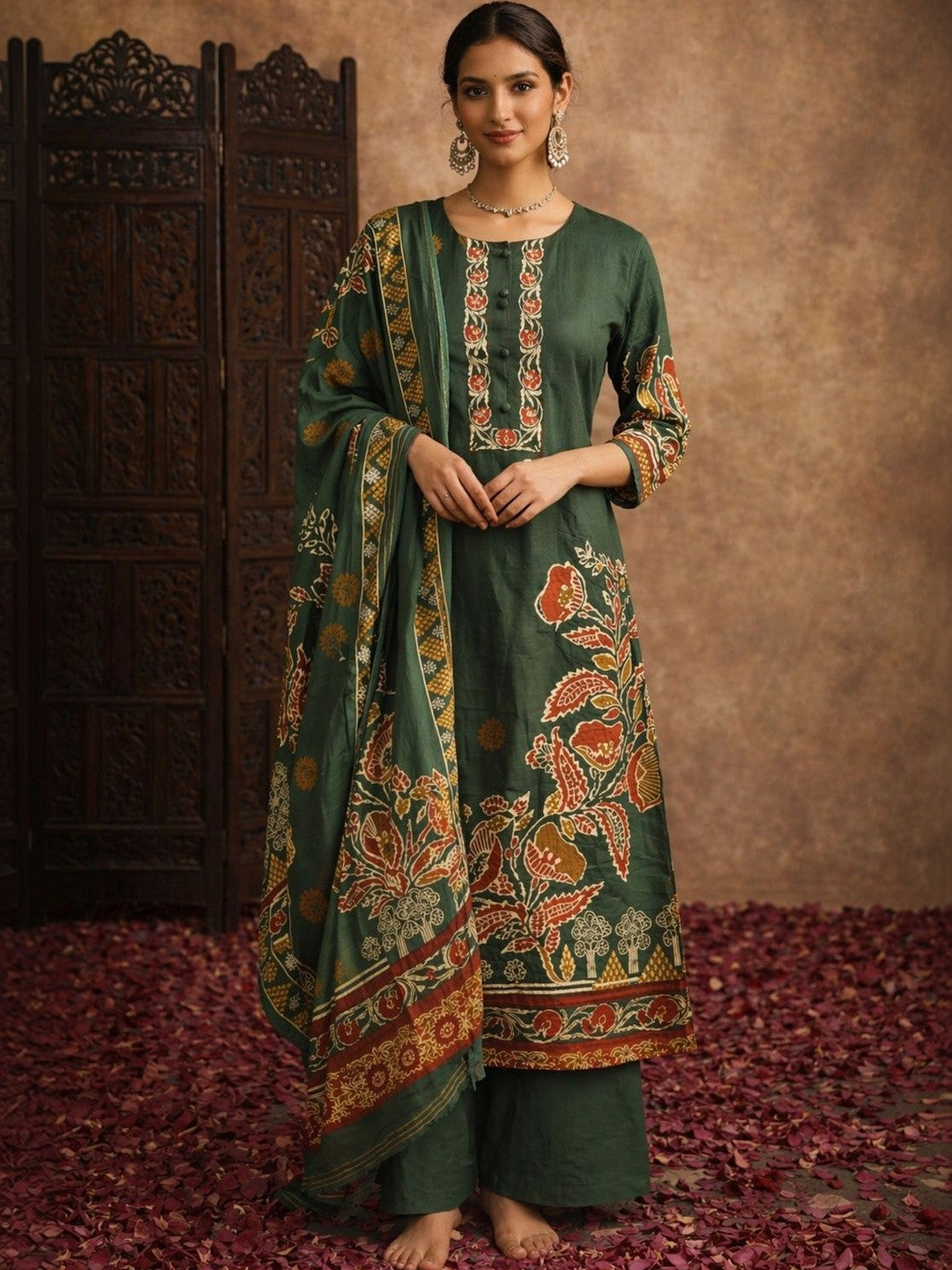 Dhiyona SN Women Floral Printed Regular Pure Cotton Kurta with Palazzos & With Dupatta