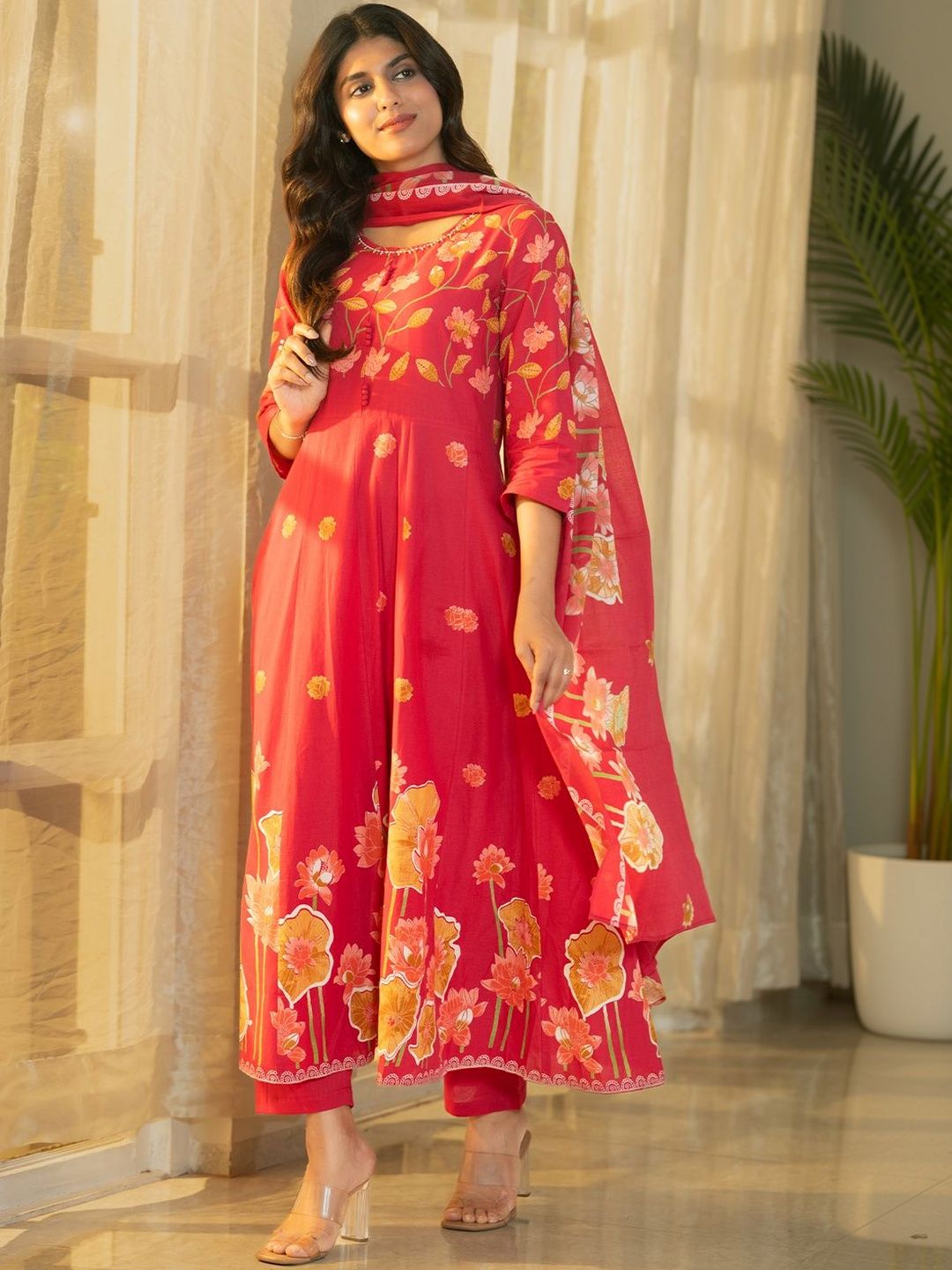 Dhiyona IE Women Floral Printed Panelled Pure Cotton Kurta with Trousers & With Dupatta