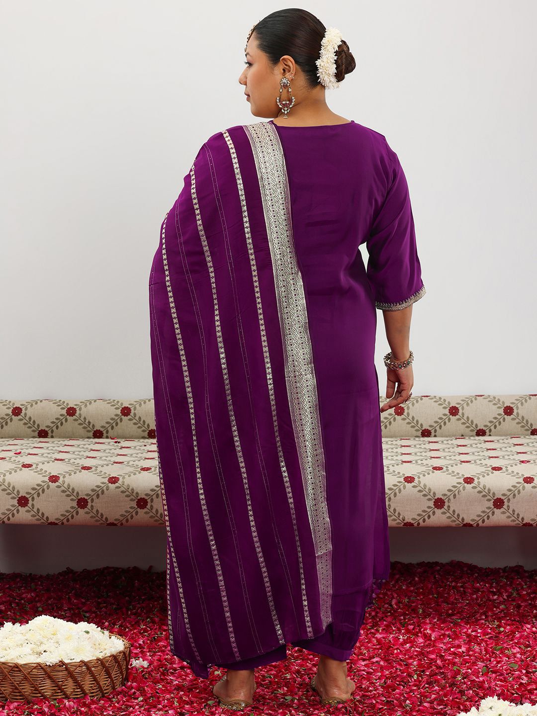 Dhiyona Women's Plus Size Floral Yoke Design Round Neck Kurta & Salwar With Dupatta