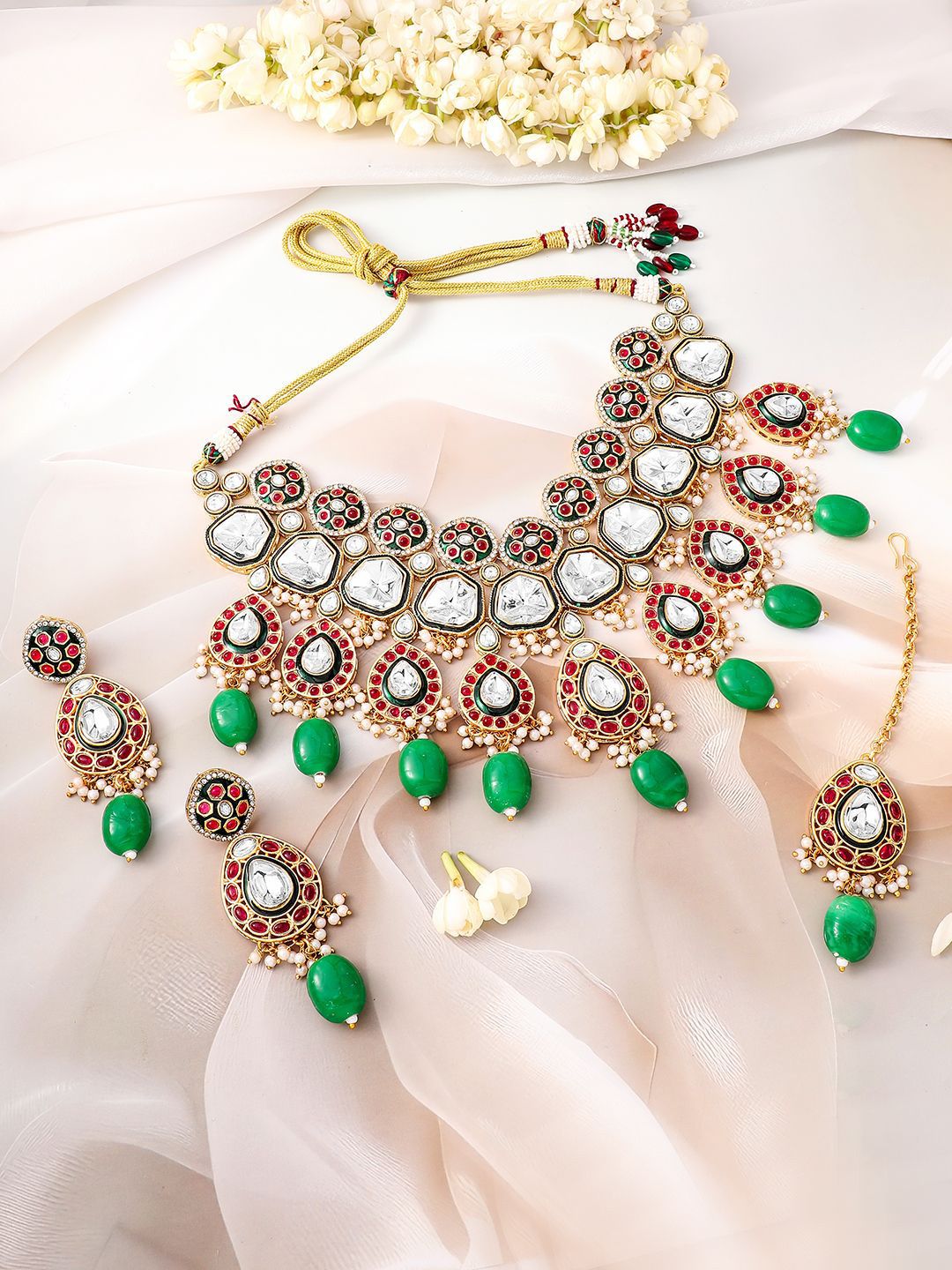 Dhiyona RJ Women's 22K Gold-Plated Kundan Ruby & Green Beaded Bridal Choker Necklace Set