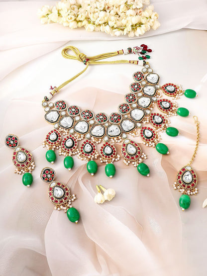 Dhiyona RJ Women's 22K Gold-Plated Kundan Ruby & Green Beaded Bridal Choker Necklace Set
