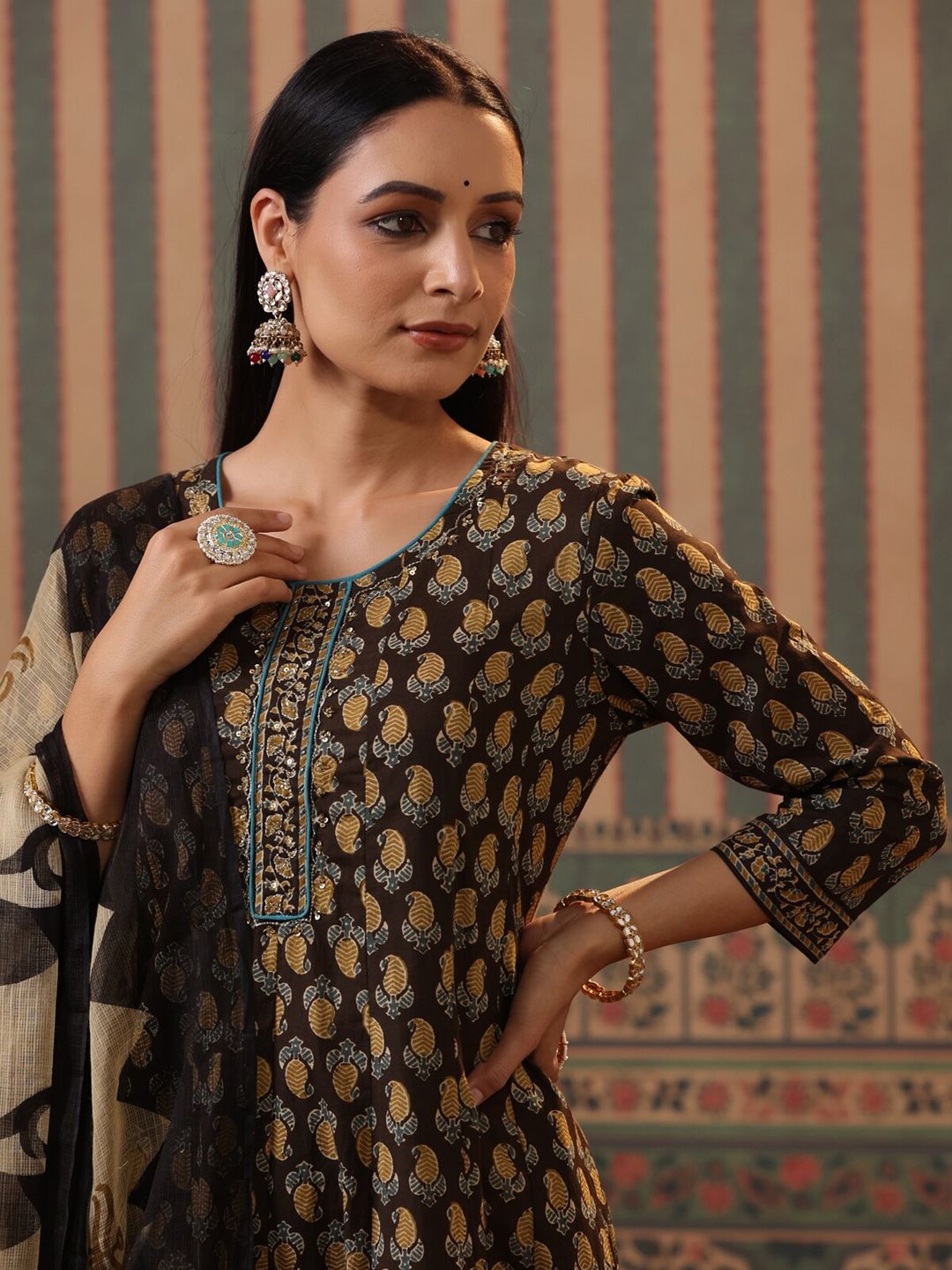 Dhiyona RR Women's Paisley Printed Beads and Stones Pure Cotton Kurta with Trousers & Dupatta