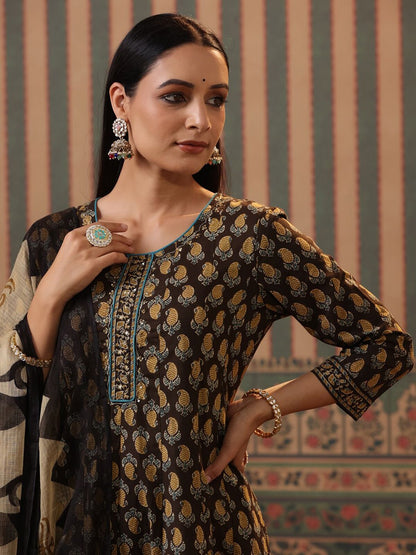 Dhiyona RR Women's Paisley Printed Beads and Stones Pure Cotton Kurta with Trousers & Dupatta