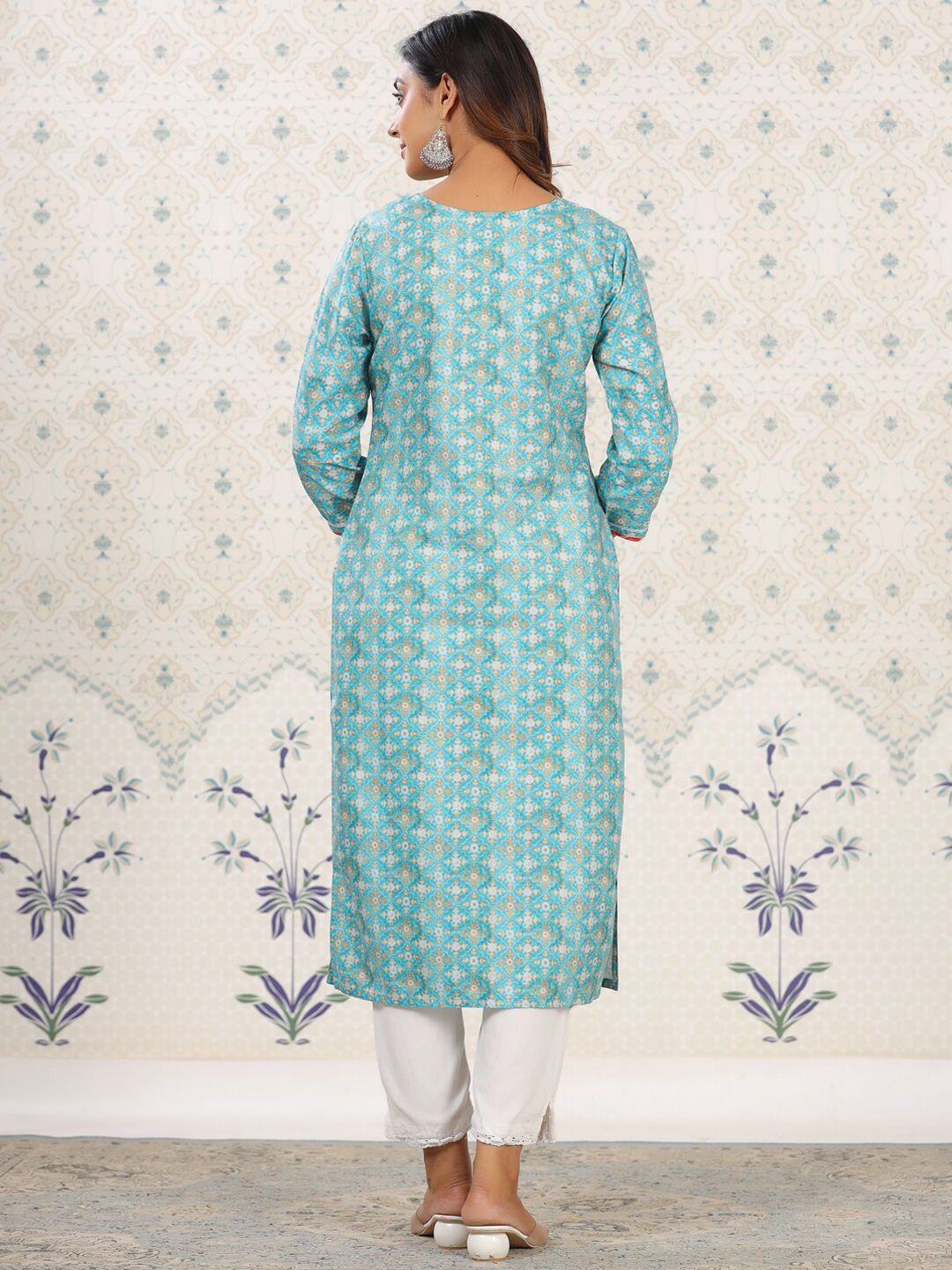 Dhiyona OD  Sea Green Ethnic Printed Tie-Up Neck Gotta Patti Straight Kurta
