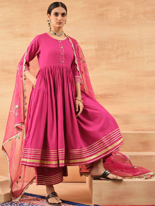 Dhiyona IS Women's Floral Printed Gotta Patti High Slit Pure Cotton Kurta With Trousers & Dupatta